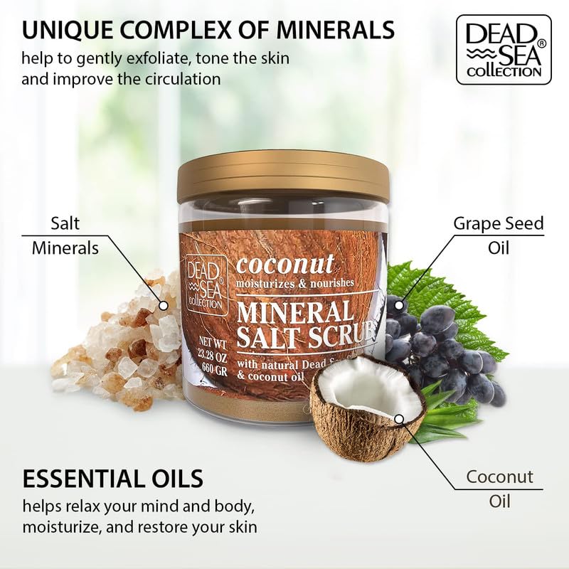 Dead Sea Collection open jar revealing salt and oil texture for effective exfoliation