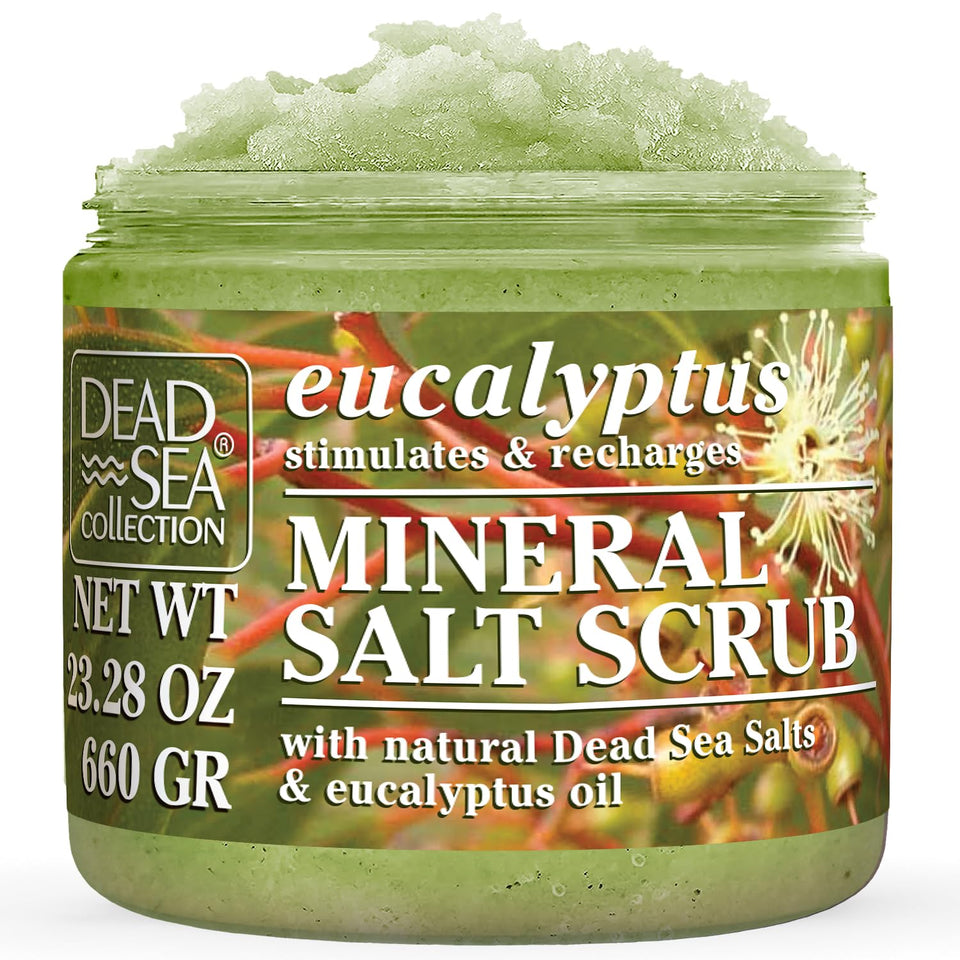 Dead Sea Collection front jar showing label and eucalyptus scent benefits