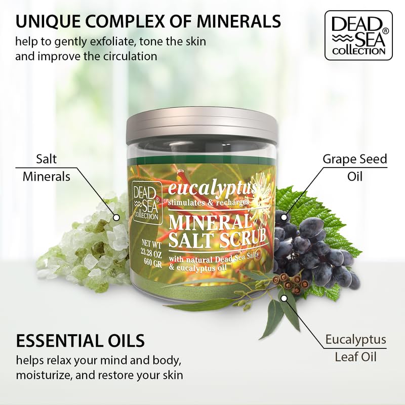 Dead Sea Collection open jar showing glossy scrub texture and moisturizing oils
