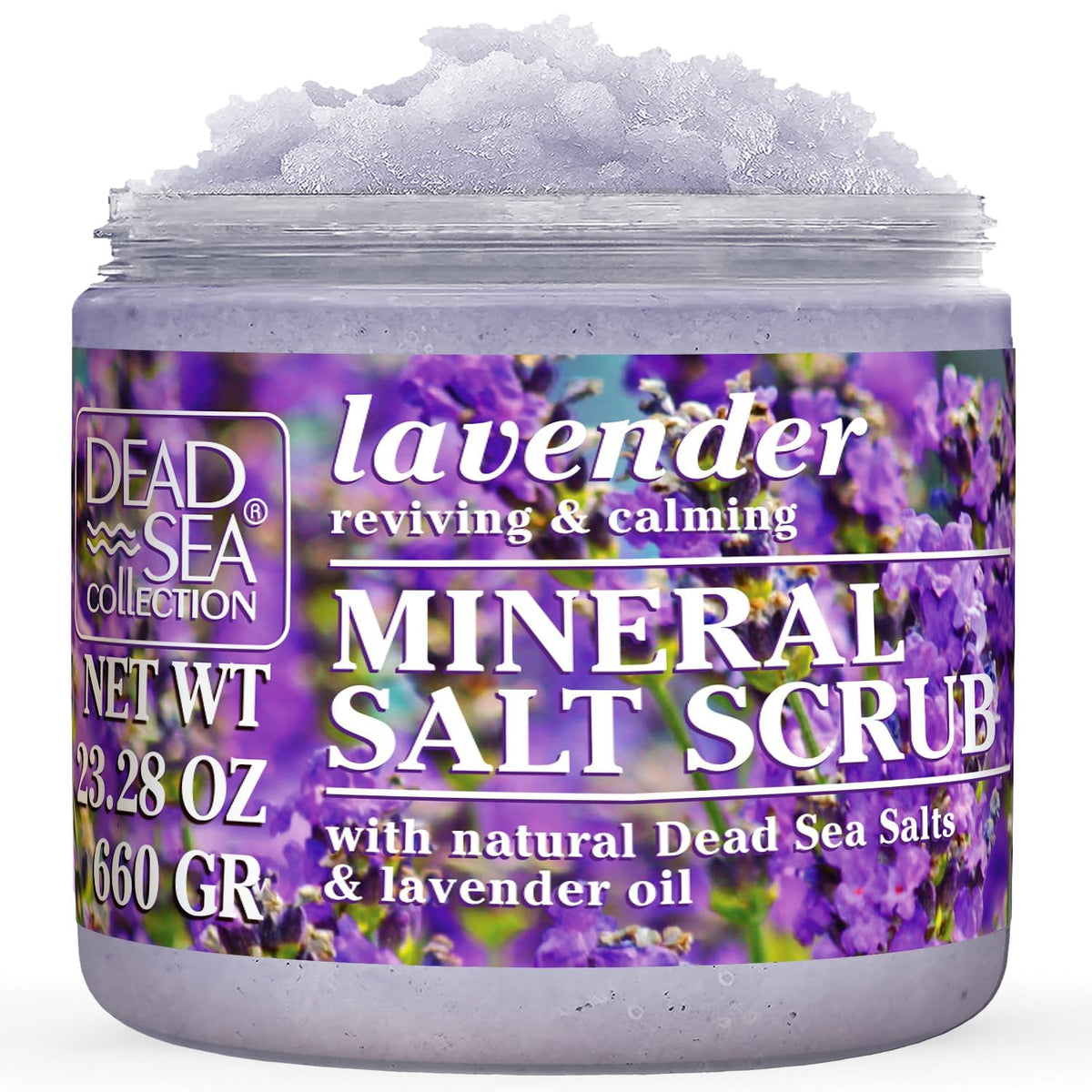 Dead Sea Collection front jar view showing packaging and lavender scent benefit
