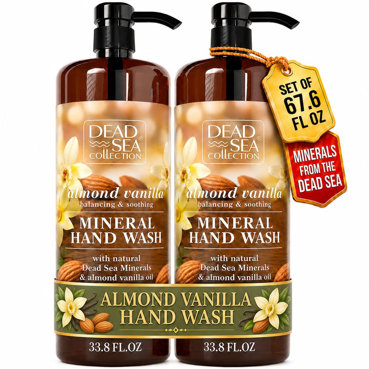 Dead Sea Collection front packaging showing almond vanilla scent and generous volume