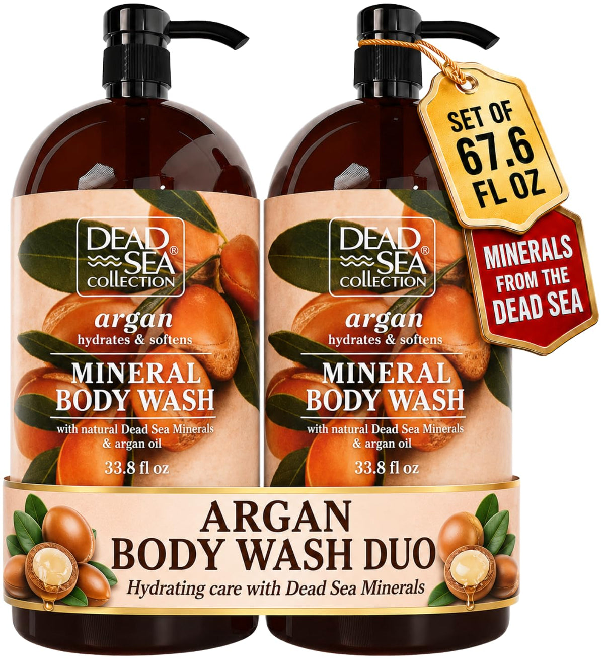 Dead Sea Collection front packaging showing argan body wash and benefits