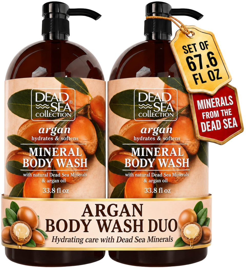 Dead Sea Collection front packaging showing argan body wash and benefits