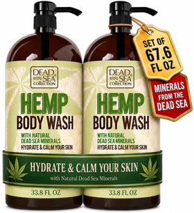 Dead Sea Collection front packaging showing two hemp body wash bottles and scent benefit