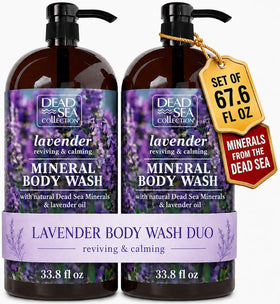 Dead Sea Collection front packaging showing lavender body wash and benefits