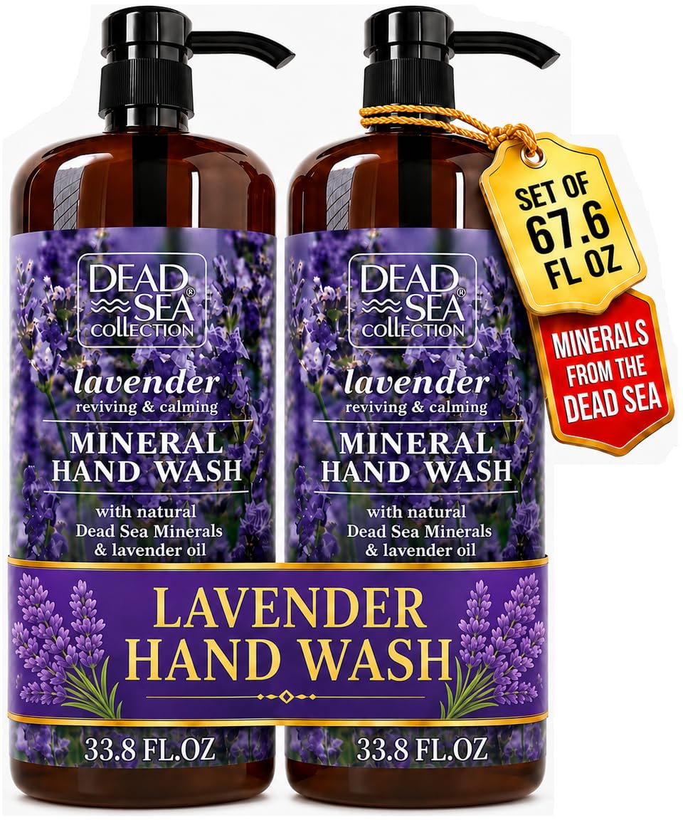 Dead Sea Collection front packaging showing two large lavender hand soap bottles for value