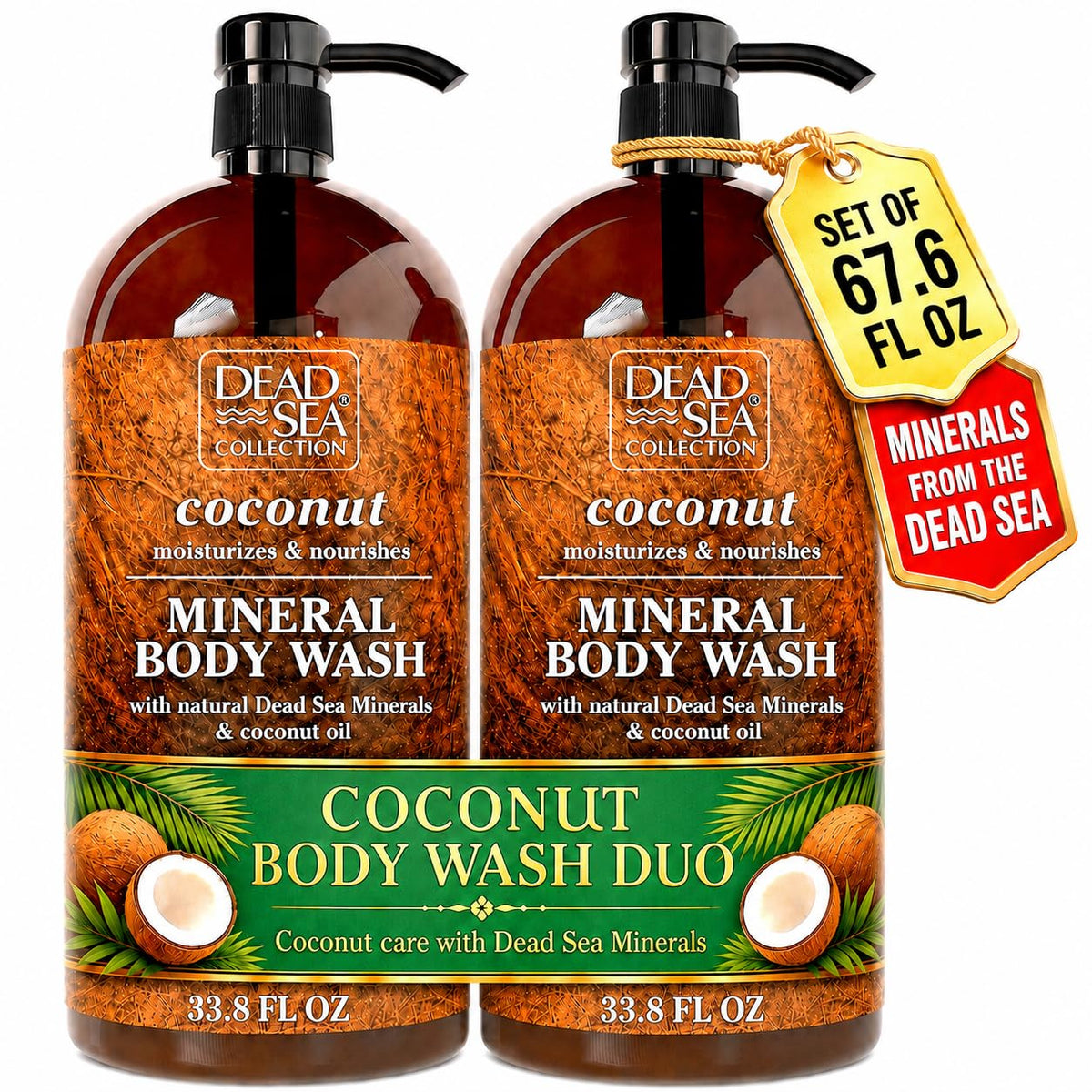 Dead Sea Collection front packaging showing two large bottles and brand for value