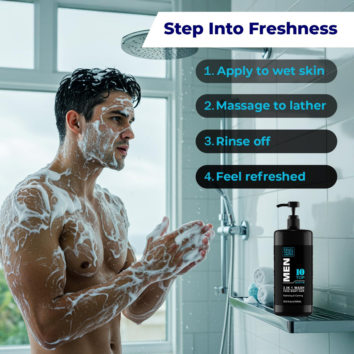 Dead Sea Collection in shower with person using product showing efficient all-in-one grooming