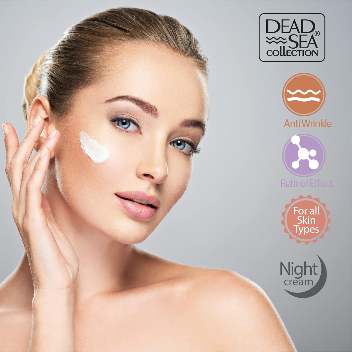 Dead Sea Collection ingredient label close-up showing retinol and minerals for targeted renewal benefit
