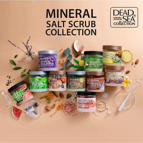 Dead Sea Collection on bathroom shelf styled for a relaxing spa atmosphere benefit