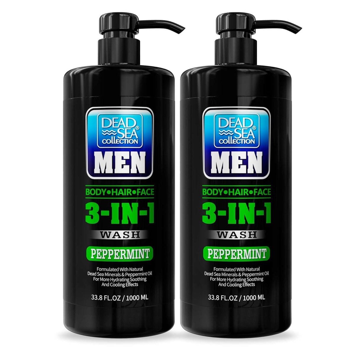 Dead Sea Collection front packaging showing two peppermint pump bottles and product benefits