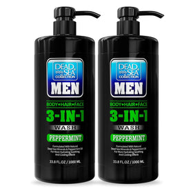 Dead Sea Collection front packaging showing two peppermint pump bottles and product benefits