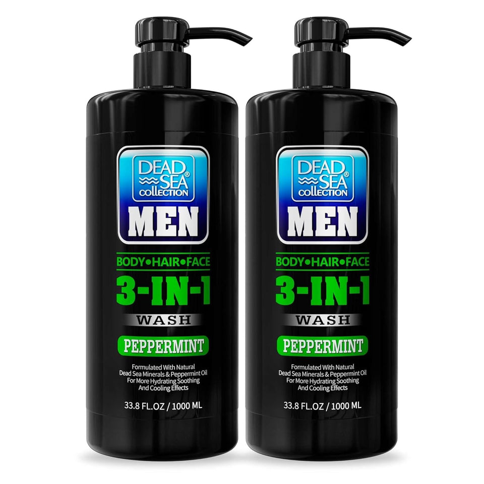 Dead Sea Collection front packaging showing two peppermint pump bottles and product benefits