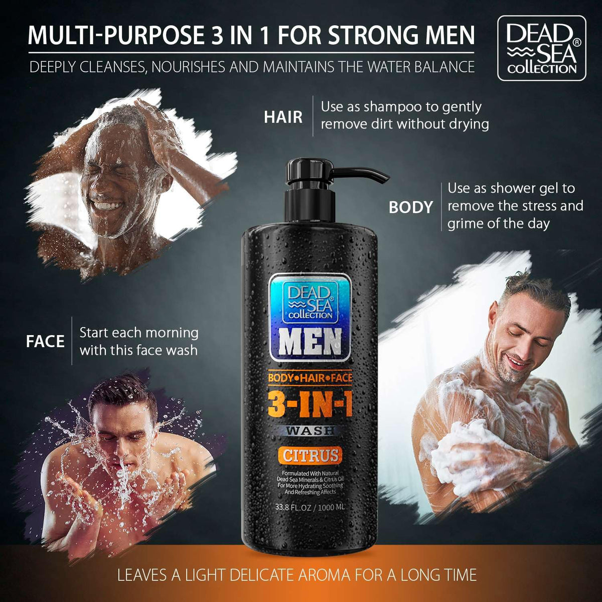 Dead Sea Collection pump dispensing gel into palm, easy one-handed shower benefit