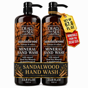 Dead Sea Collection front packaging showing two bottles and sandalwood scent benefit