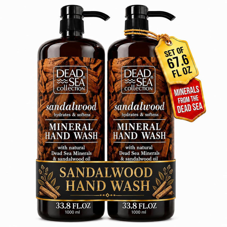 Dead Sea Collection front packaging showing two bottles and sandalwood scent benefit