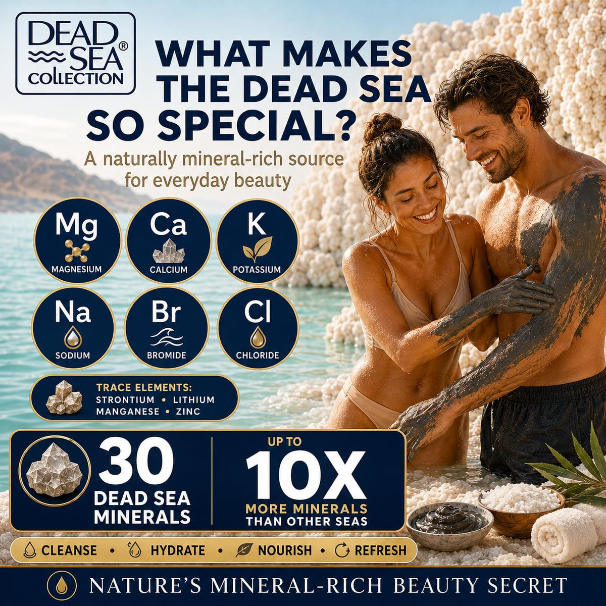 Dead Sea Collection bottle styled on bathroom counter conveying spa-like aroma benefit
