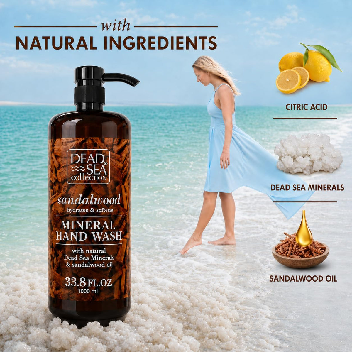 Dead Sea Collection pump detail demonstrating easy one-handed dispensing benefit