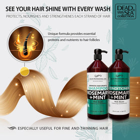 Dead Sea Collection shampoo being pumped to show easy dispensing benefit