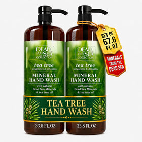 Dead Sea Collection front packaging showing two 33.8 fl oz bottles and pumps, convenient refill supply