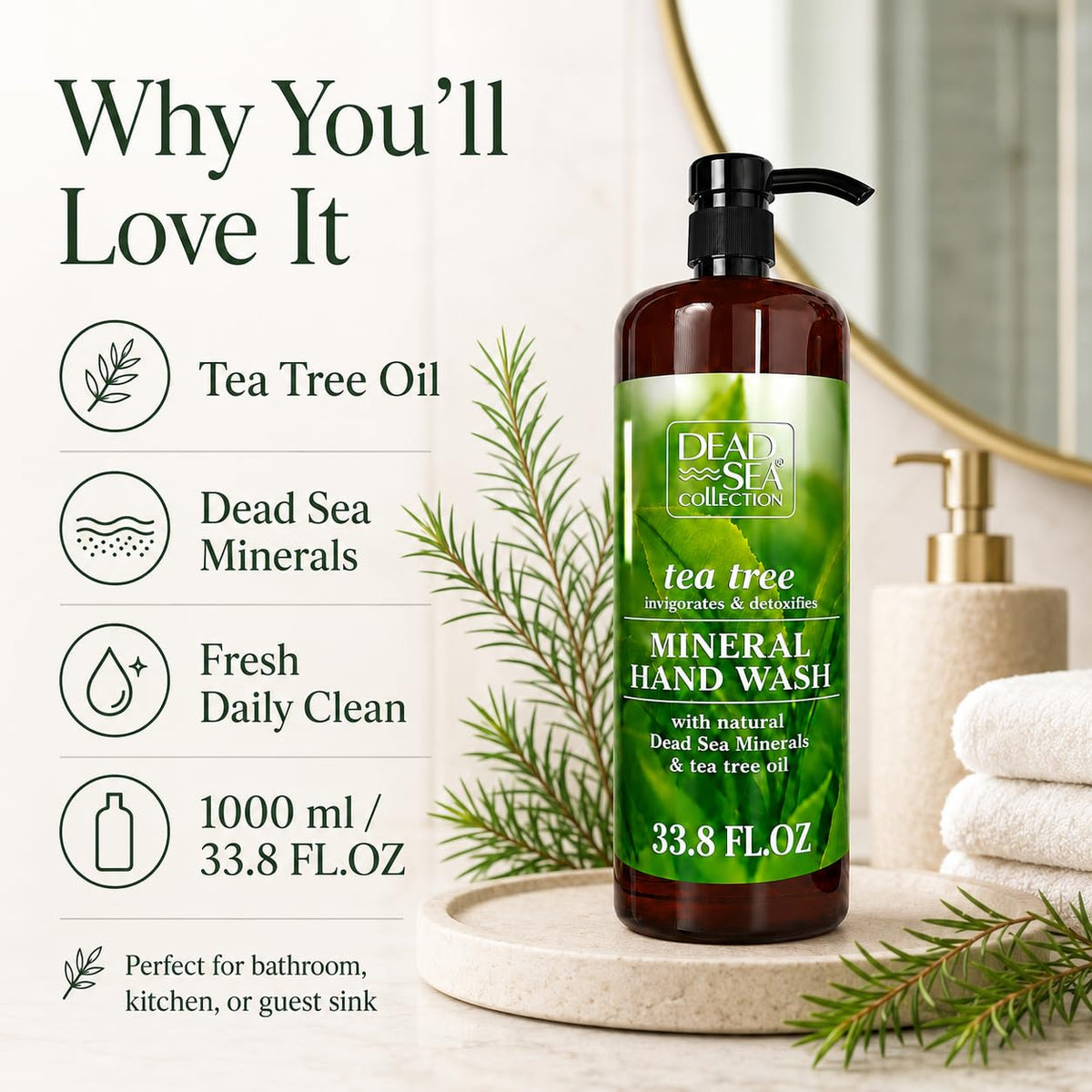 Dead Sea Collection bottle by kitchen sink suggesting practical, everyday handwashing use