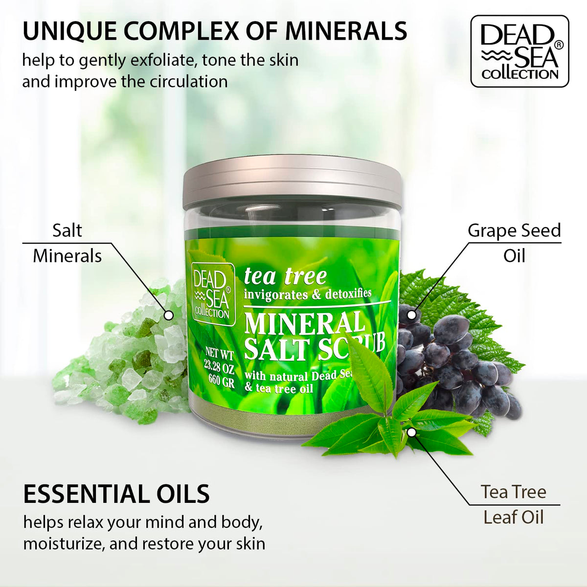 Dead Sea Collection close-up texture of salt scrub revealing mineral grains and smoothing effect