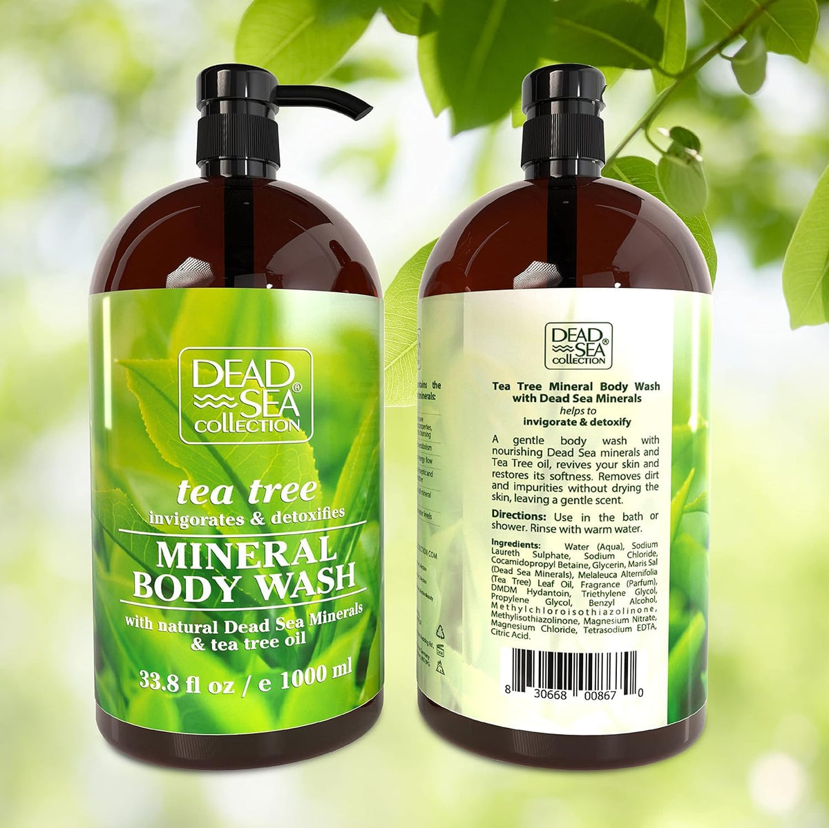 Dead Sea Collection two-bottle box layout showing included pumps and sealed caps