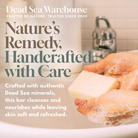 Dead Sea Warehouse close-up of soap texture with visible salt crystals highlighting mild exfoliation