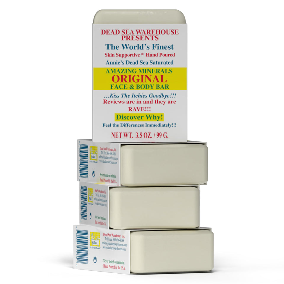 Dead Sea Warehouse front packaging showing four unscented bars and clean design benefit gentle storage