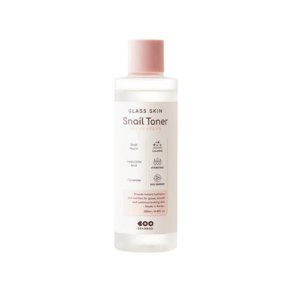 DEARBOO front bottle showing Glass Skin Snail Toner and packaging benefit