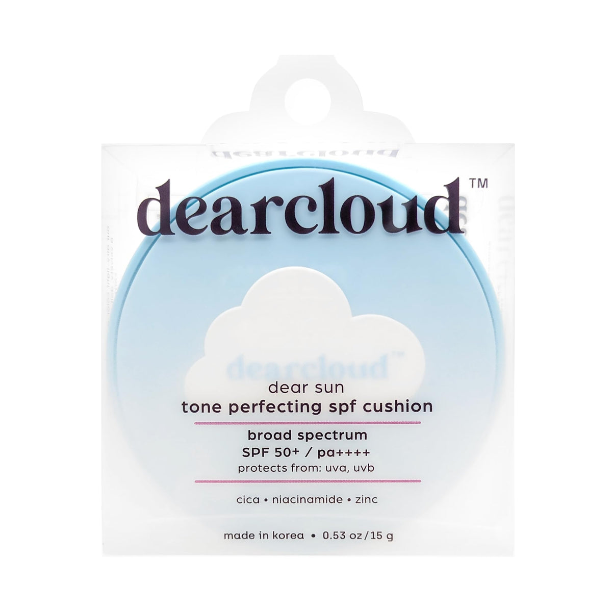 dearcloud cushion front packaging showing compact and SPF benefit