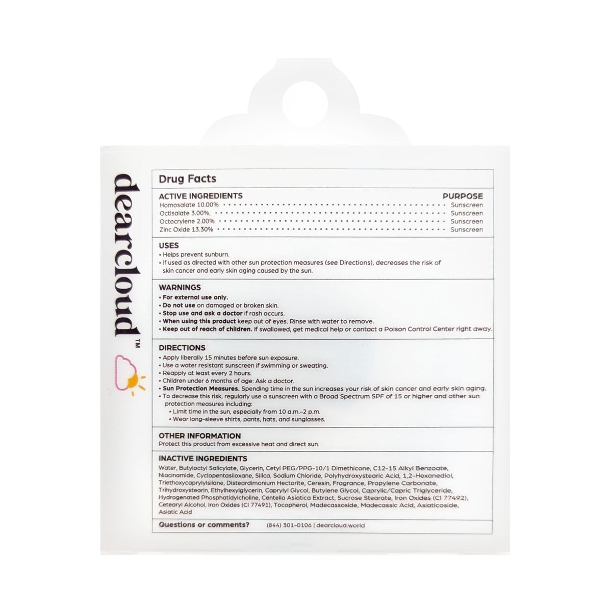 dearcloud ingredients label closeup listing cica niacinamide zinc benefits