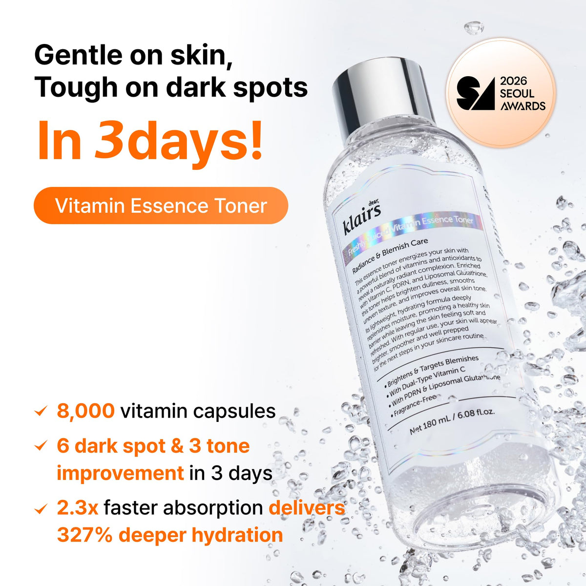 DearKlairs close-up of bursting vitamin C capsules and delivery benefit