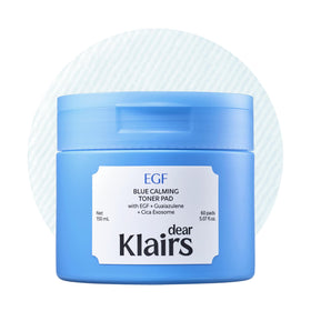 DearKlairs jar front view showing 60 cooling EGF blue calming toner pads for easy storage