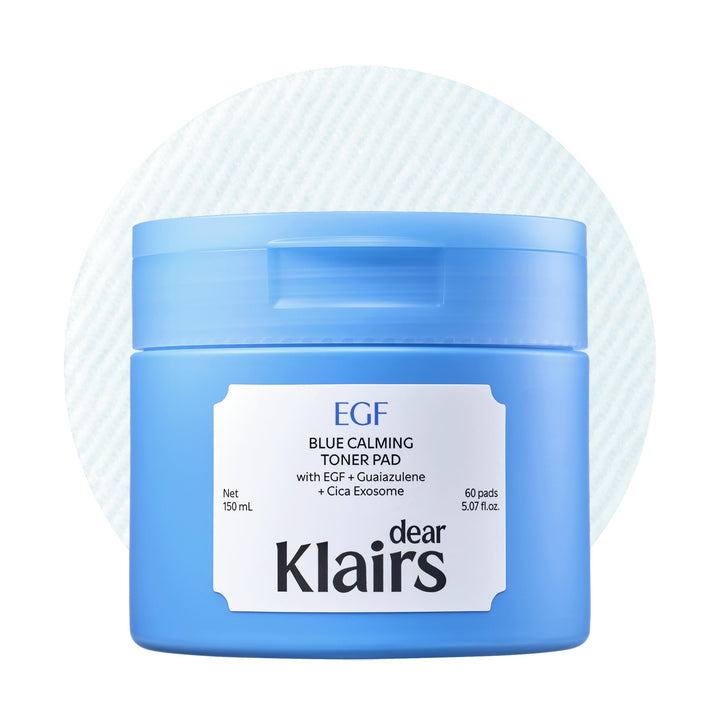 DearKlairs jar front view showing 60 cooling EGF blue calming toner pads for easy storage