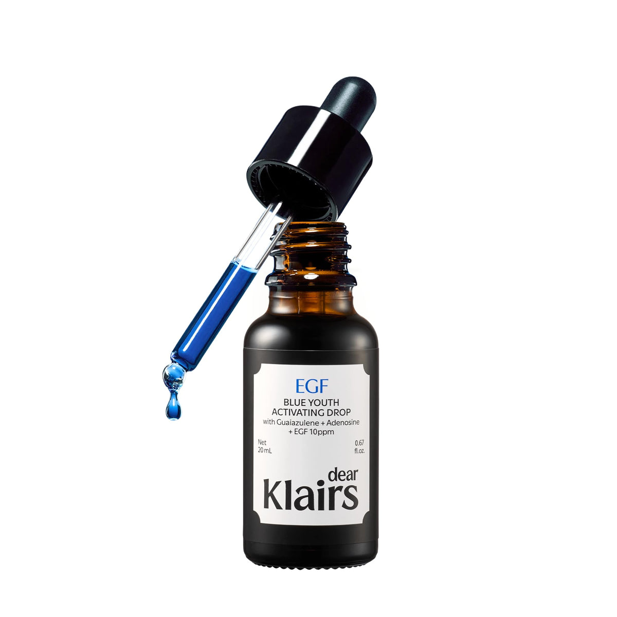DearKlairs front bottle showing blue serum and clear packaging for calm skin