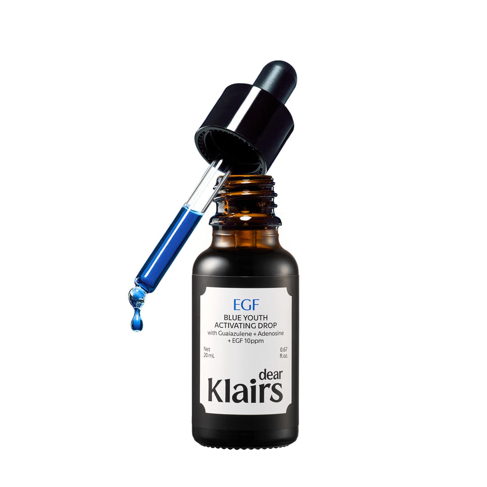 DearKlairs front bottle showing blue serum and clear packaging for calm skin