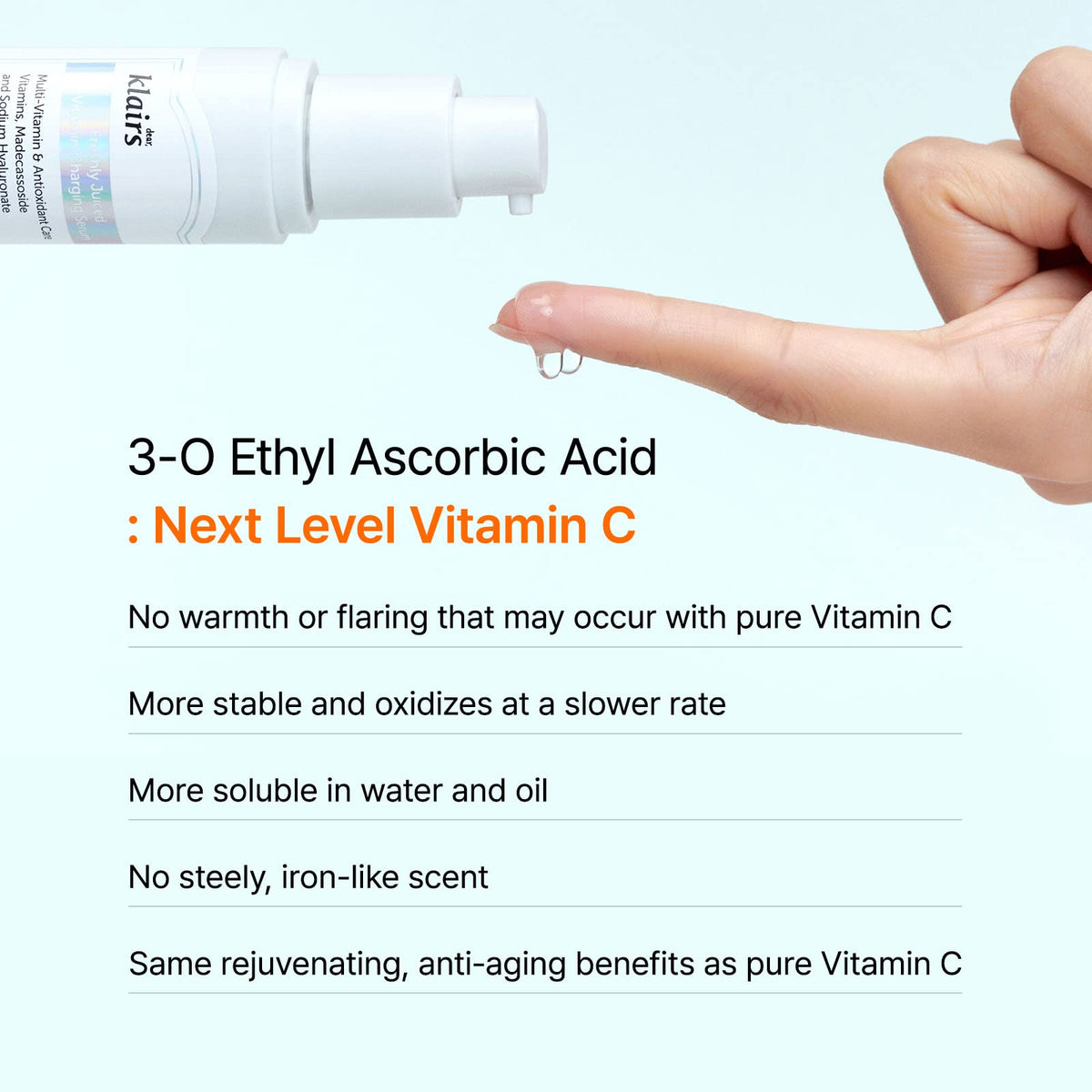 DearKlairs label closeup with ingredients, reassures consumers about vitamin C and niacinamide