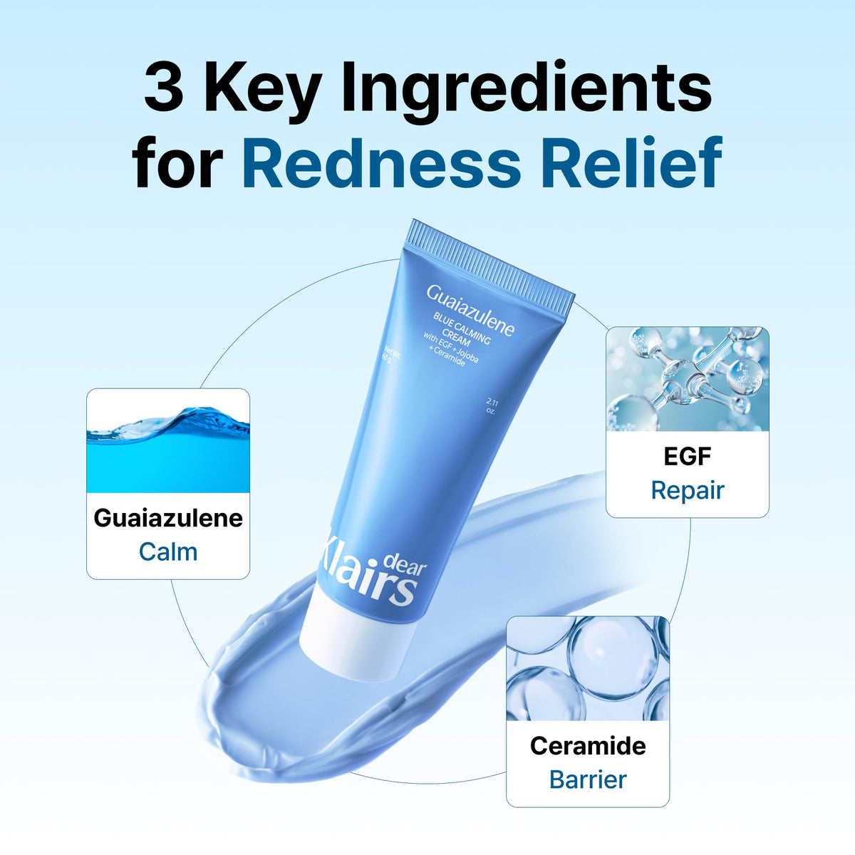 DearKlairs creamy blue texture close-up demonstrating lightweight hydration