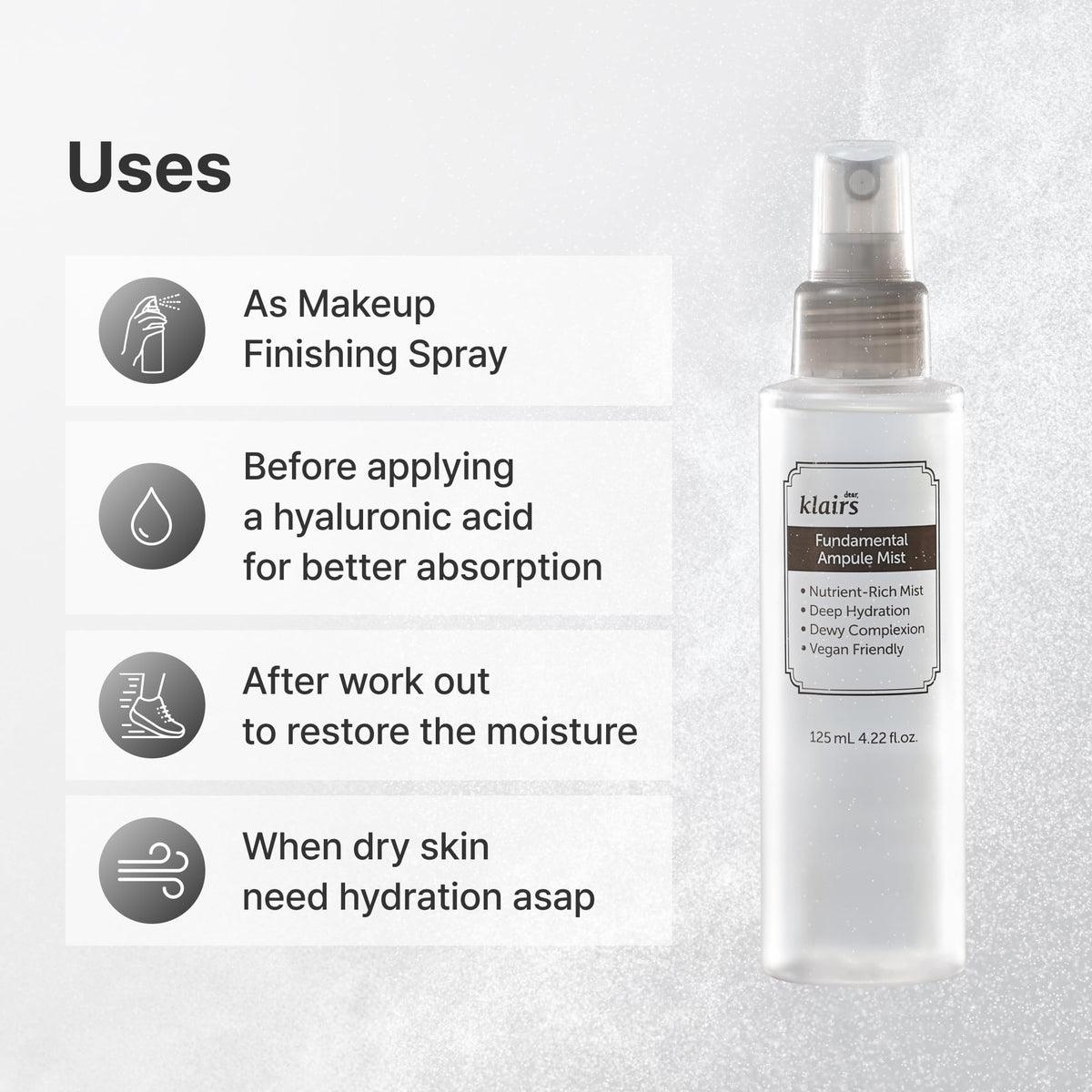 DearKlairs mist being sprayed onto face for instant refresh and makeup setting benefit