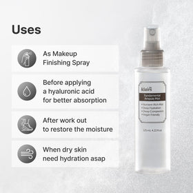 DearKlairs mist being sprayed onto face for instant refresh and makeup setting benefit