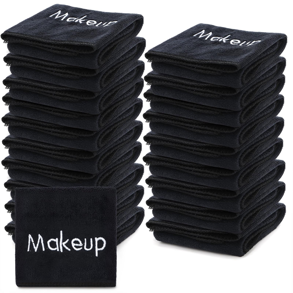 DEAYOU front view of 20 black towels shows large pack convenience