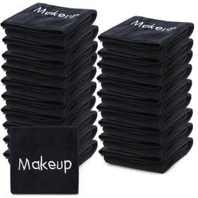 DEAYOU front view of 20 black towels shows large pack convenience