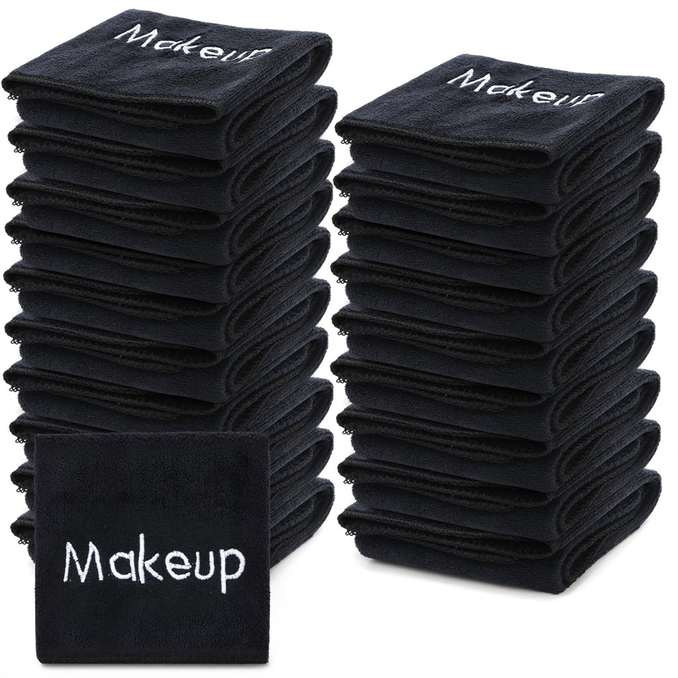 DEAYOU front view of 20 black towels shows large pack convenience