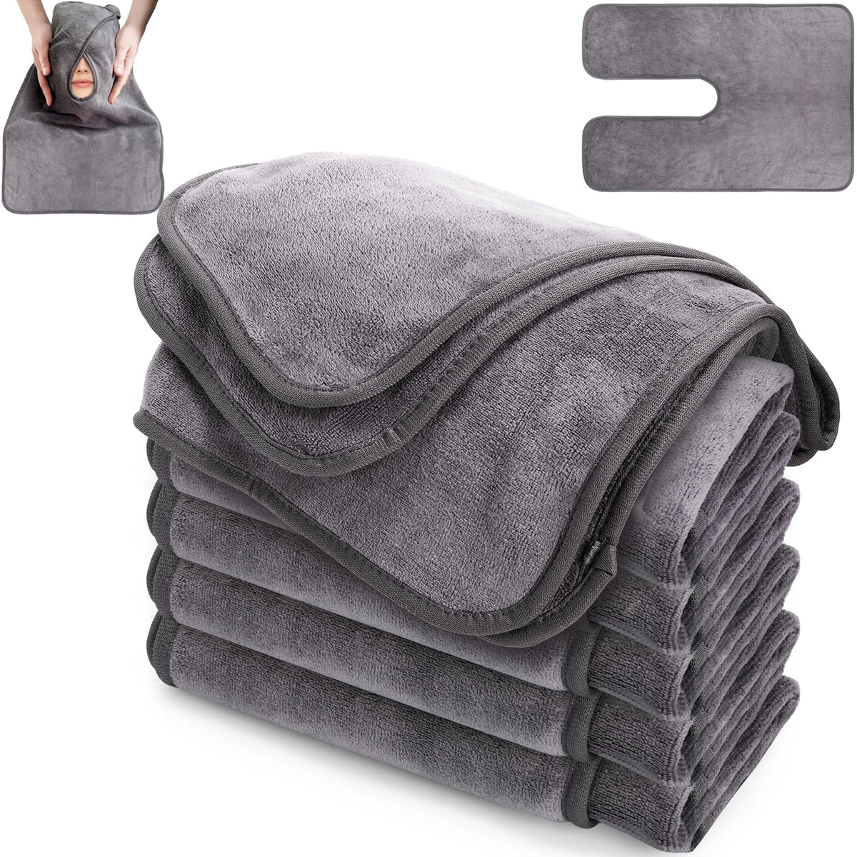 DEAYOU front view of six grey facial towels, convenient professional kit