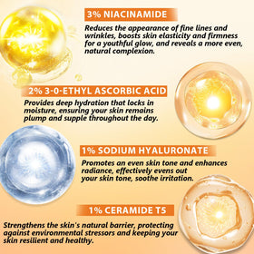 DEBAIY ingredient focus with vitamin C and niacinamide visuals highlighting brightening benefit
