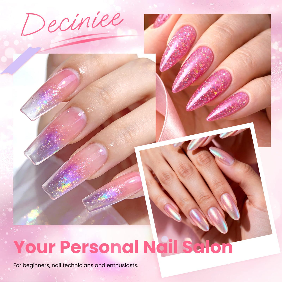 Deciniee finished sparkle nails showcasing glitter finish and salon-style results