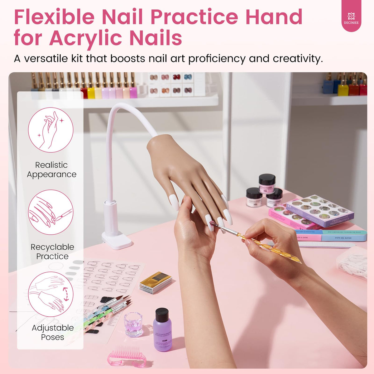 Deciniee flexible fingers bent at angles demonstrating adjustable positioning benefit