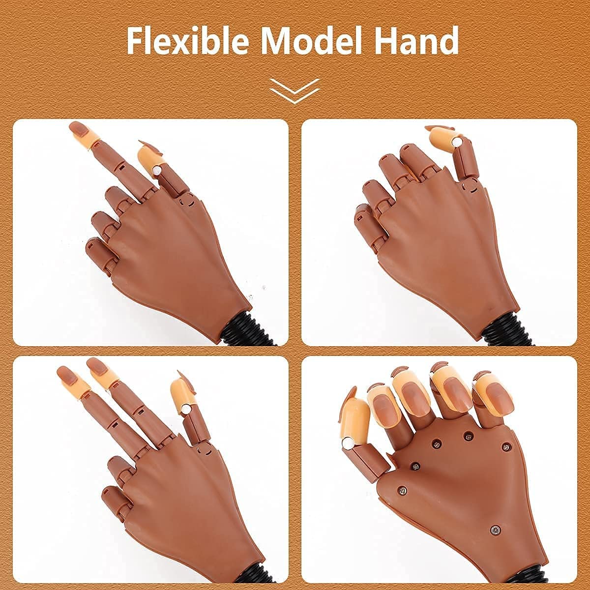 Deciniee hand with brown nail tips installed demonstrating practice-ready setup