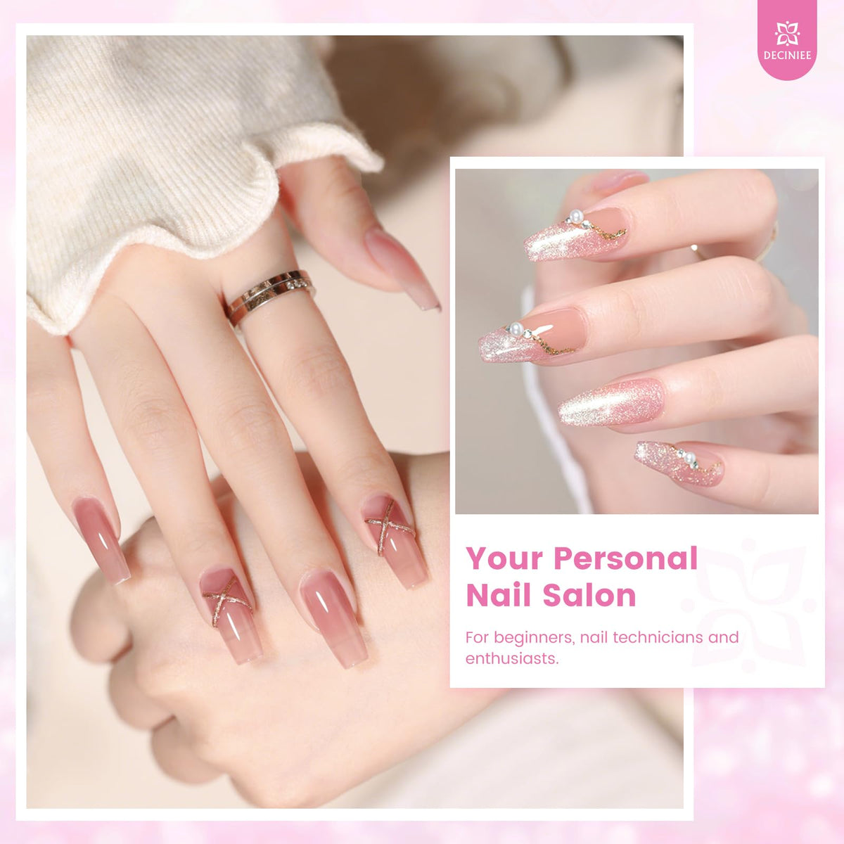 Deciniee assortment of removable nail tips beside a ruler to show size variety
